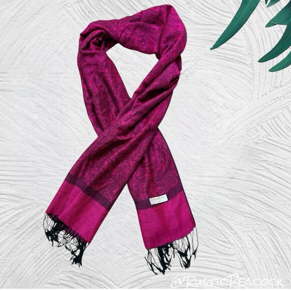 Pashmina Silk Necktie Scarf Women's 78" Dark Pink Boho Paisley Shawl Wrap Fringe - Picture 1 of 6